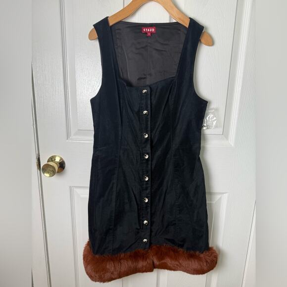 Staud Black Velvet Fur Trim Yin Yang Mini Dress 10 - Picture 2 of 8